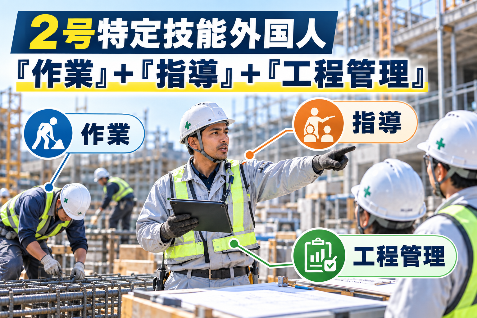 特定技能2号外国人が建設技能者を指導し工程管理するイメージ